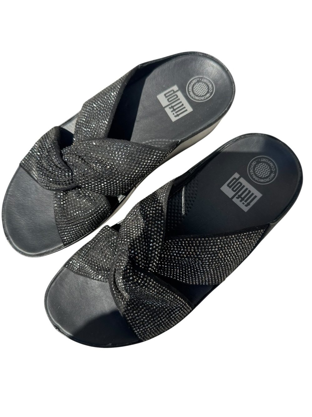 FitFlop Twiss Crystal Slide Sandal Wedge SlipOn Black R44-001 Bling Glam Women 7